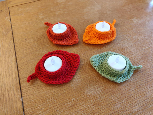 Autumn, Fall Leaf Tea Light Holder, Artificial Flame Candle, Autumn Decor, Table Setting, Diwali Candle, Crochet Leaves, Thanksgiving Table