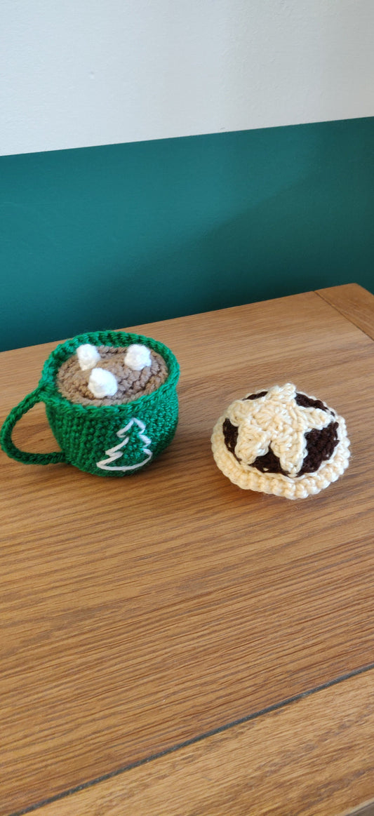 Crochet Mince Pie and Hot Chocolate Christmas Ornaments, Set of Two