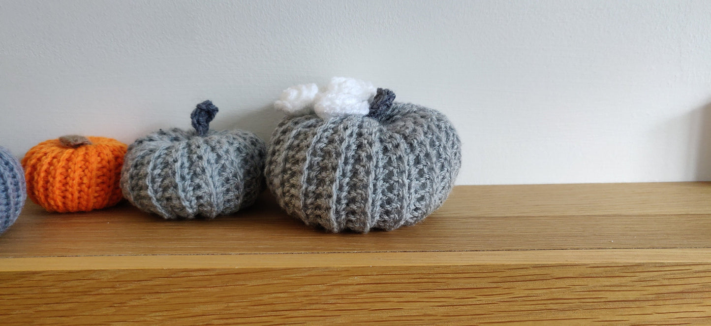 Grey Crochet Pumpkin, White Rose Decor, Autumn Ornament
