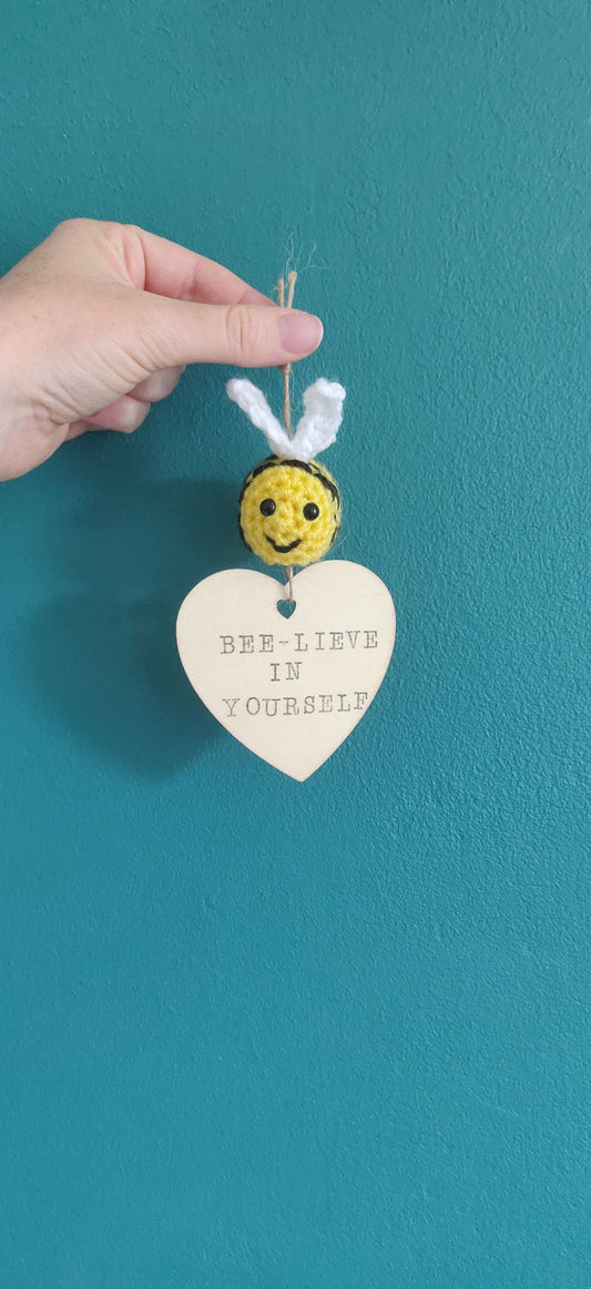 Crochet Bumblebee Believe Wooden Sign, Positive Quote Plaque