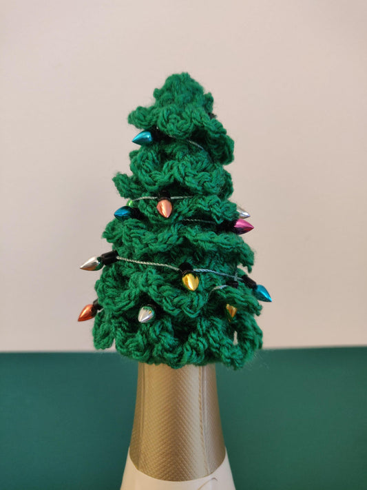 Christmas Tree Bottle Topper, Champagne Bottle Cover, Mini Xmas Tree, Crochet Tree with Colourful Mini Light Bulbs, Secret Santa Gift