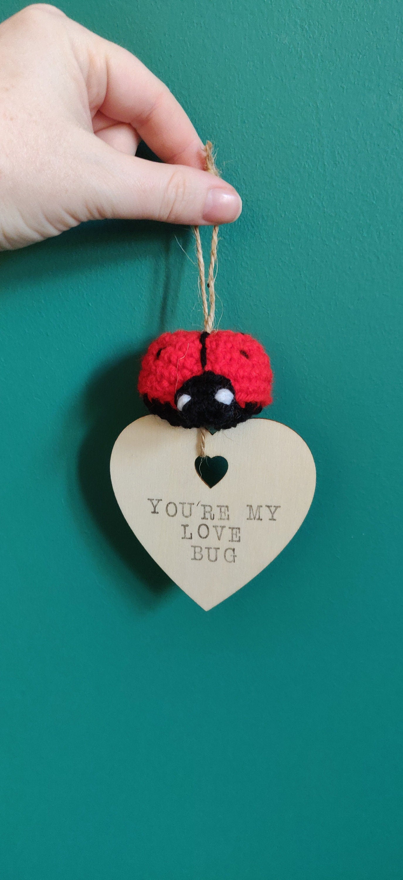 Crocheted Ladybug Hanging Decoration, Hand Stamped Wooden Sign, Personalized Gift