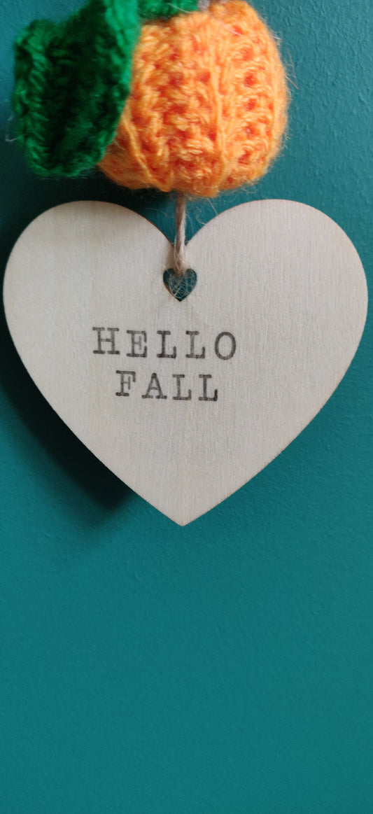 Hello Fall Heart Sign with Crochet Pumpkin, Personalized Decoration