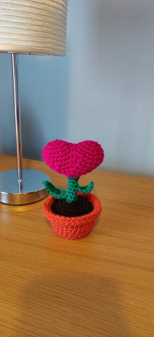 Pink Heart Plant, Artificial Flower Arrangement, Crochet Heart Houseplant UK, Artificial Plant, Fake Plant in Pot, Heart Teacher Gift