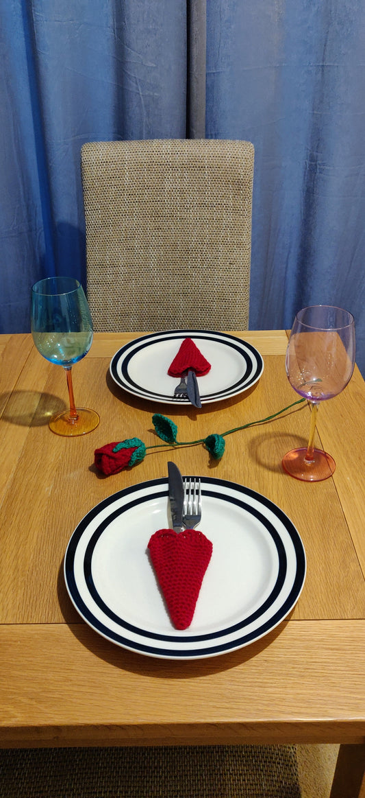 Heart Cutlery Holder Set of Two, Romantic Tableware, Red Heart Cutlery Pouch, Crochet Heart Gift, Dinnerware Sets, Anniversary Gift