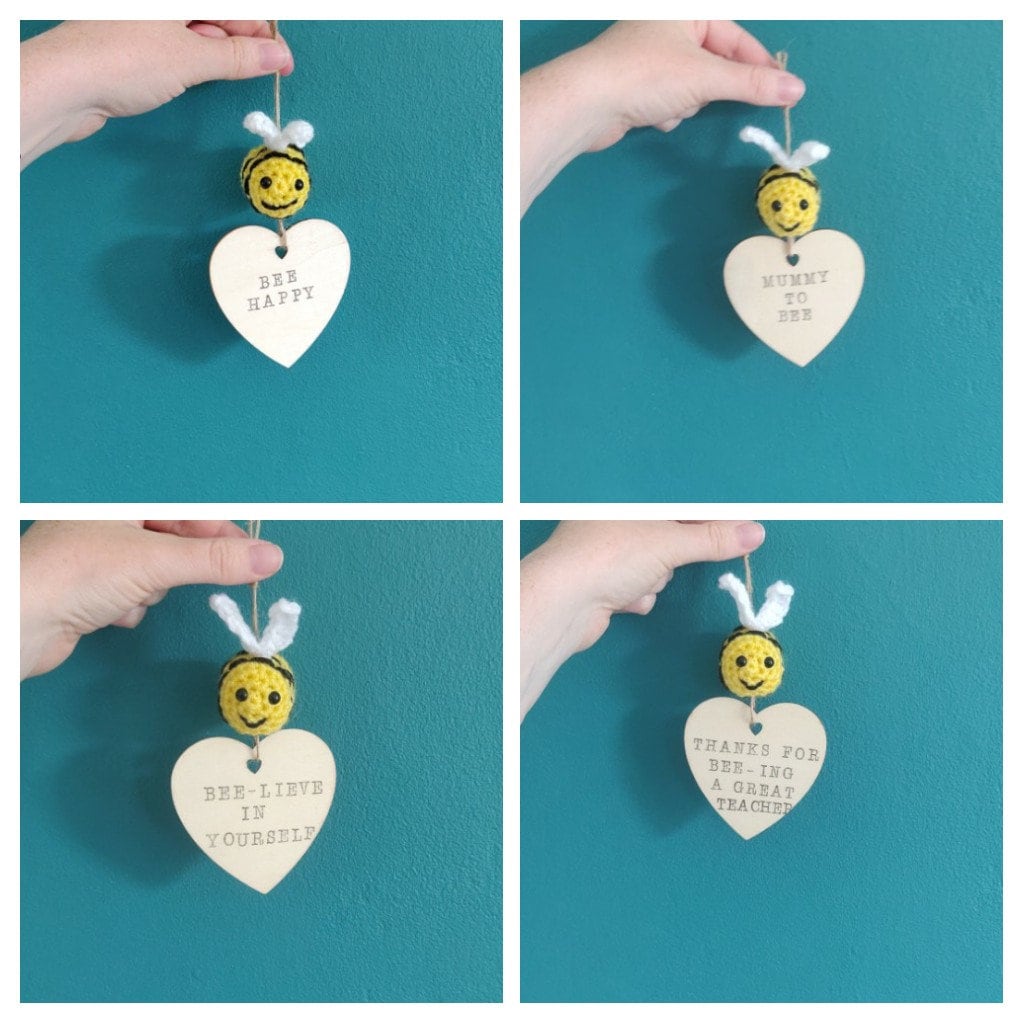 Bee Happy Wooden Heart Sign with Crochet Bumblebee