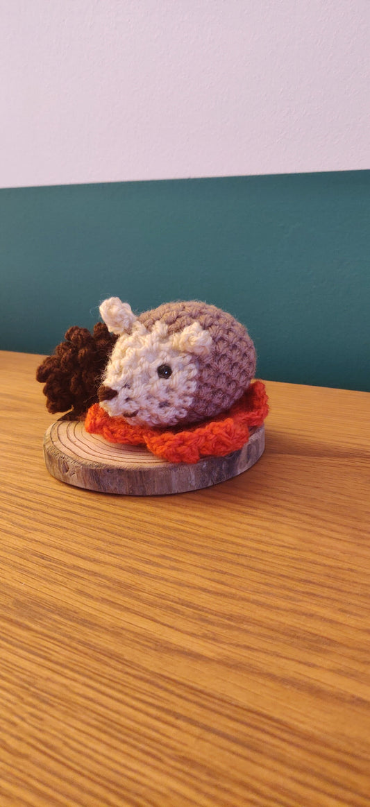 Crochet Autumn Hedgehog Ornament, Rustic Wooden Slice, Fall Decor