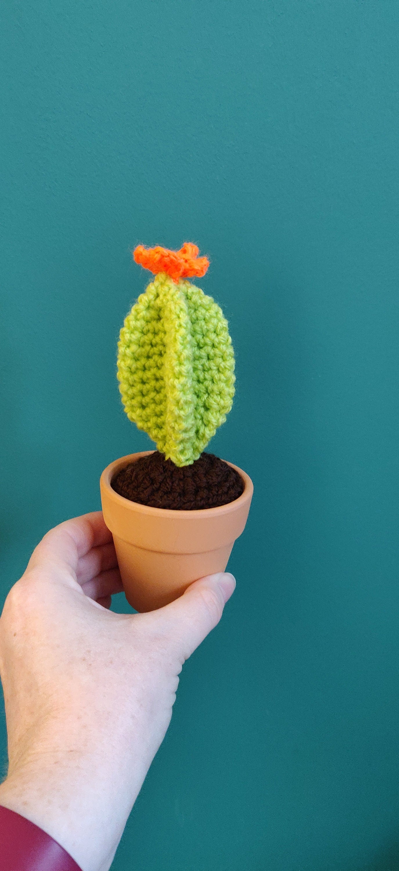 Mini Crochet Cactus with Orange Flower, Desk Decor