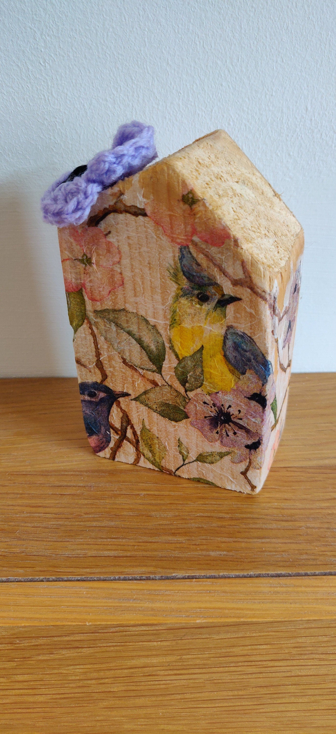 Wooden Bird House Ornament, Butterfly House, Paperweight, Crochet Purple Butterfly, Bluetit Home Decor, Wooden House, Unique New Home Gift