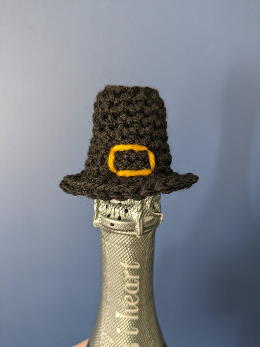 Thanksgiving Pilgrim Mini Hat, Bottle Cost Decor, Harvest, Fall, Autumn Decoration, Table Setting, Crochet Hat for Animals, Black Hat