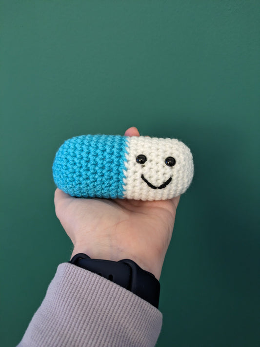 Crochet Chill Pill, Happy Pill Stree Ball, Pocket Hug Gift, Anxiety Gift, Worry Bear for Men and Women, Colleague Gift, Desk Joke Plushie