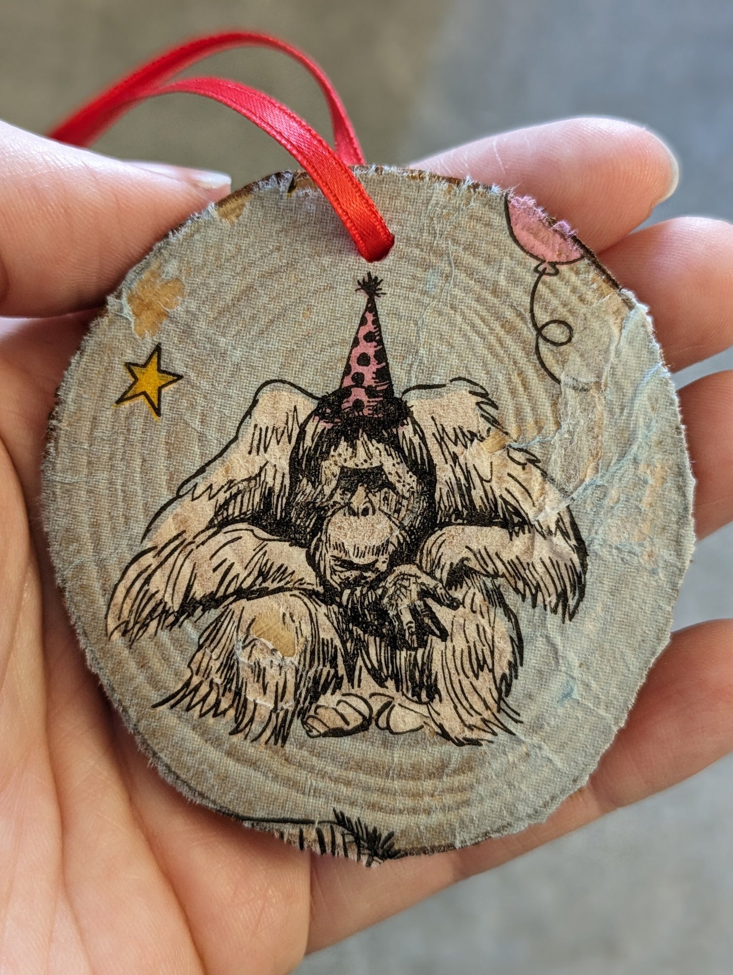 Grumpy Monkey Birthday Card, Wooden Hanging Decoration, Orangutan Present, Grumpy Happy Birthday Present, Animal Party Hat, Cheeky Chimp