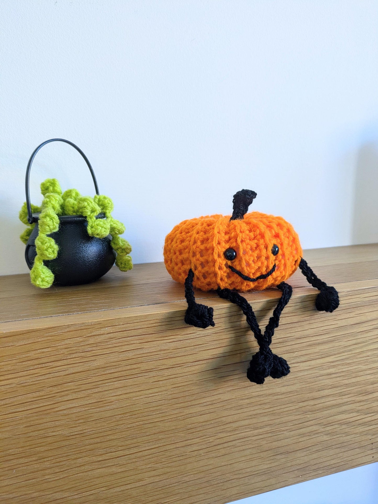 Crochet Pumpkin Shelf Sitter, Halloween Decor with Dangly Legs