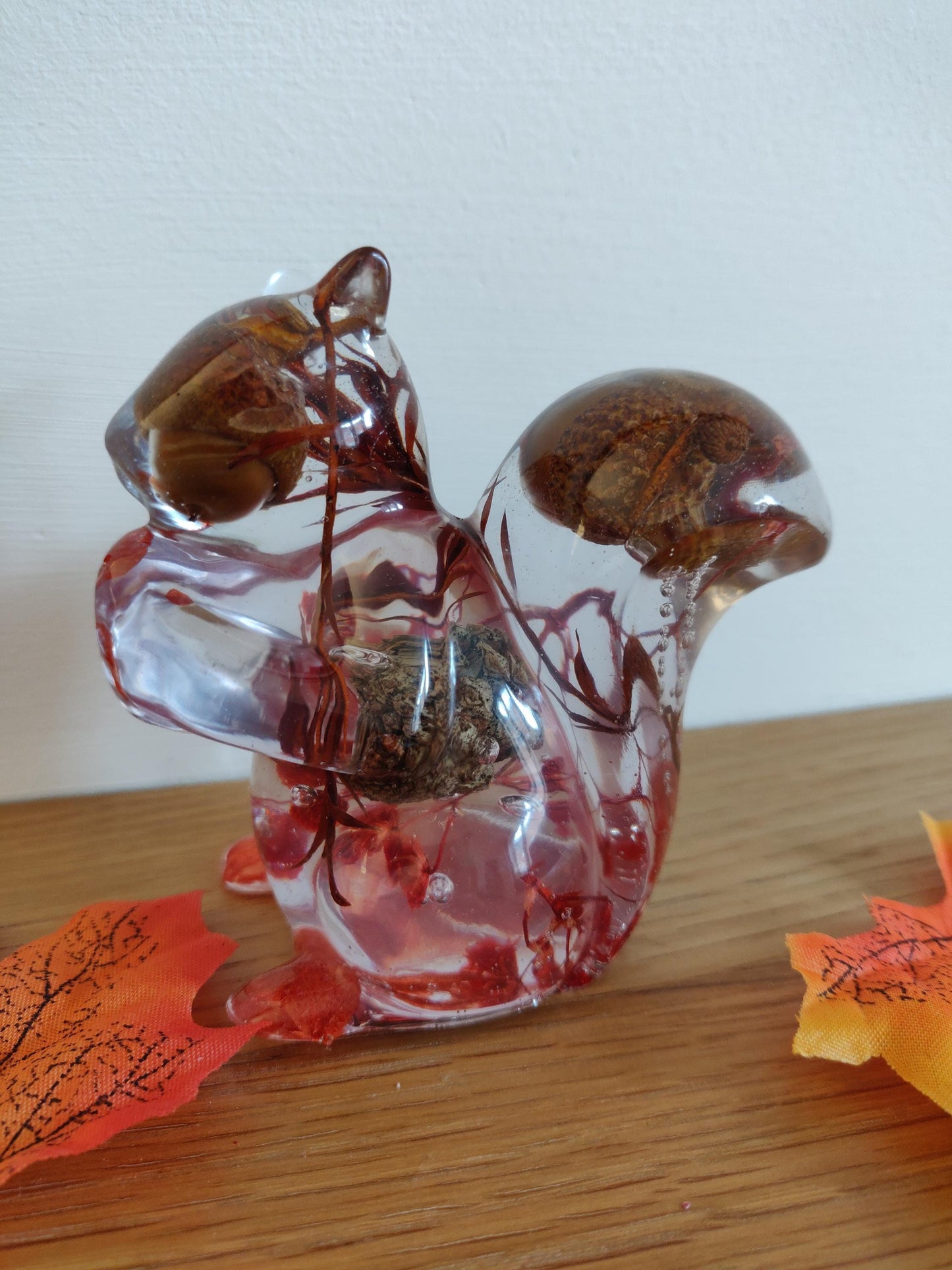 Handmade Red Floral Squirrel Figurine: Autumn Shelf Sitter