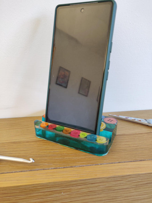 Handmade Button Phone Stand, Craft Lover Desk Decor, Emerald Green Base