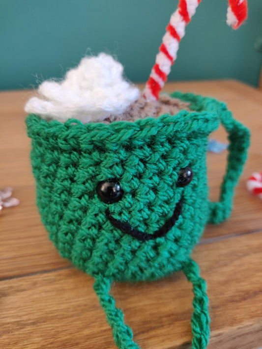 Crochet Hot Chocolate Mug Ornament, Candy Cane Christmas Decor