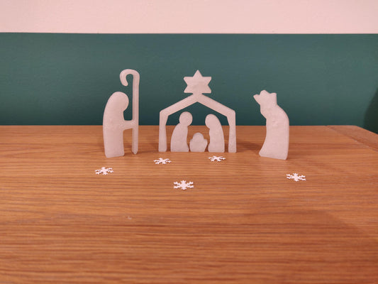 Pearl White Nativity Scene: Golden Angel, Mary, Joseph, Baby Jesus
