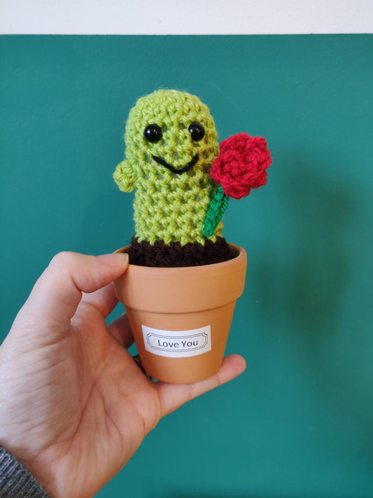 Valentine's Cactus with Rose, Mini Crochet Cactus, Valentine's Day gift, Desk Decor