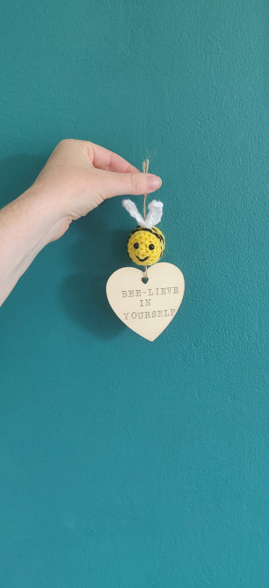 Crochet Bumblebee Believe Wooden Sign, Positive Quote Plaque