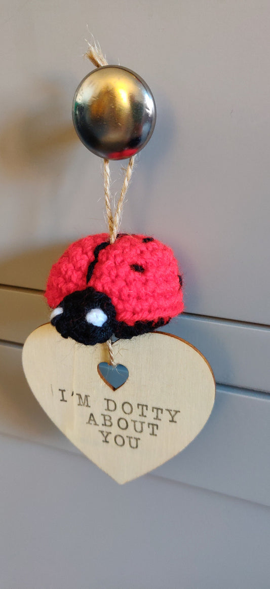 Crocheted Ladybug Hanging Decoration, Hand Stamped Wooden Sign, Personalized Gift