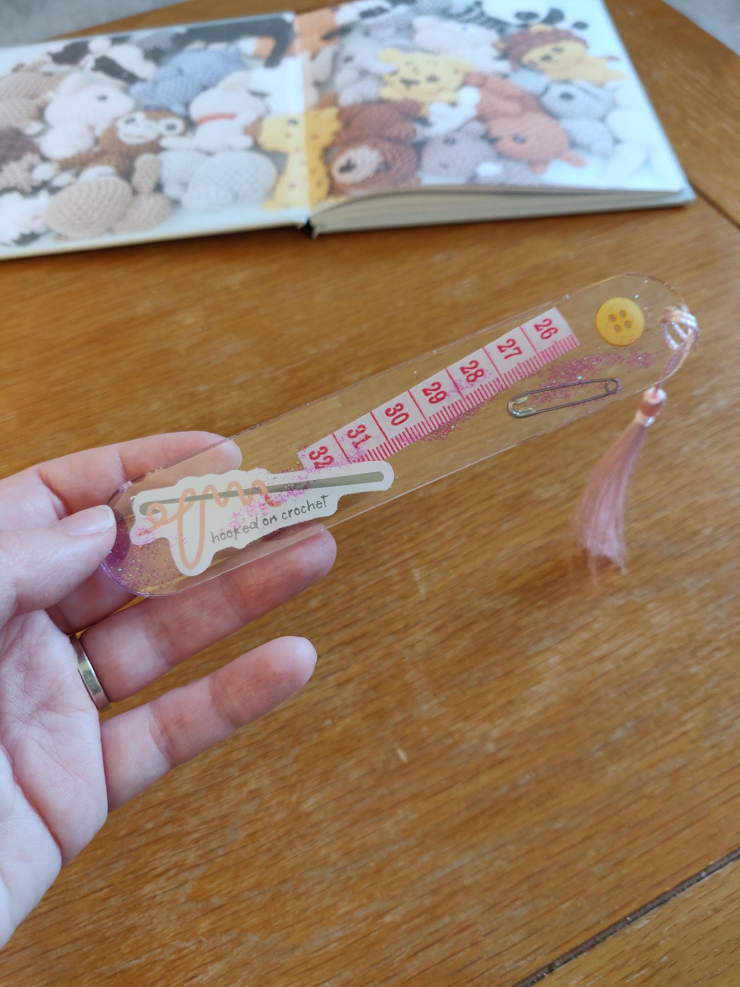 Craft Lover Bookmark, Craft Book Accessories, Resin bookmark with buttons, Ribbon and Tape Measure, Bookmark with Tassel, Crochet Lover Gift