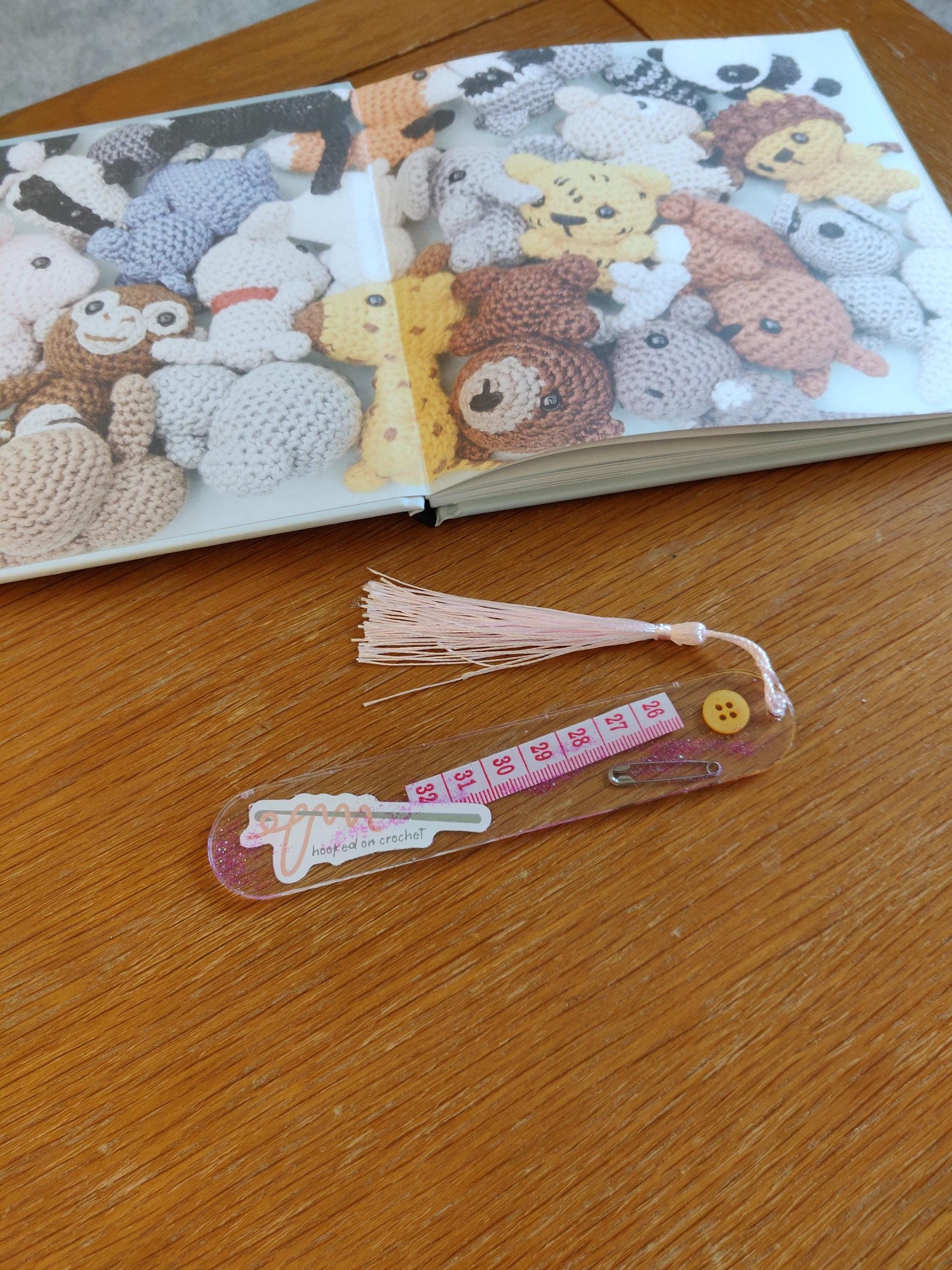 Craft Lover Bookmark, Craft Book Accessories, Resin bookmark with buttons, Ribbon and Tape Measure, Bookmark with Tassel, Crochet Lover Gift