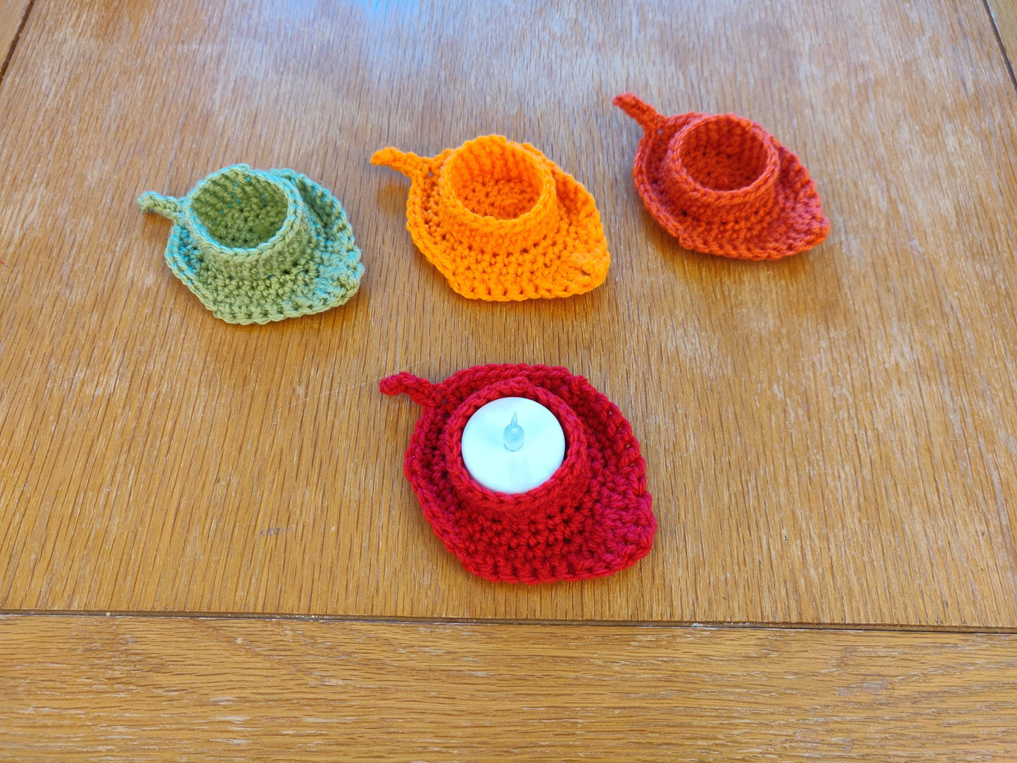 Autumn, Fall Leaf Tea Light Holder, Artificial Flame Candle, Autumn Decor, Table Setting, Diwali Candle, Crochet Leaves, Thanksgiving Table