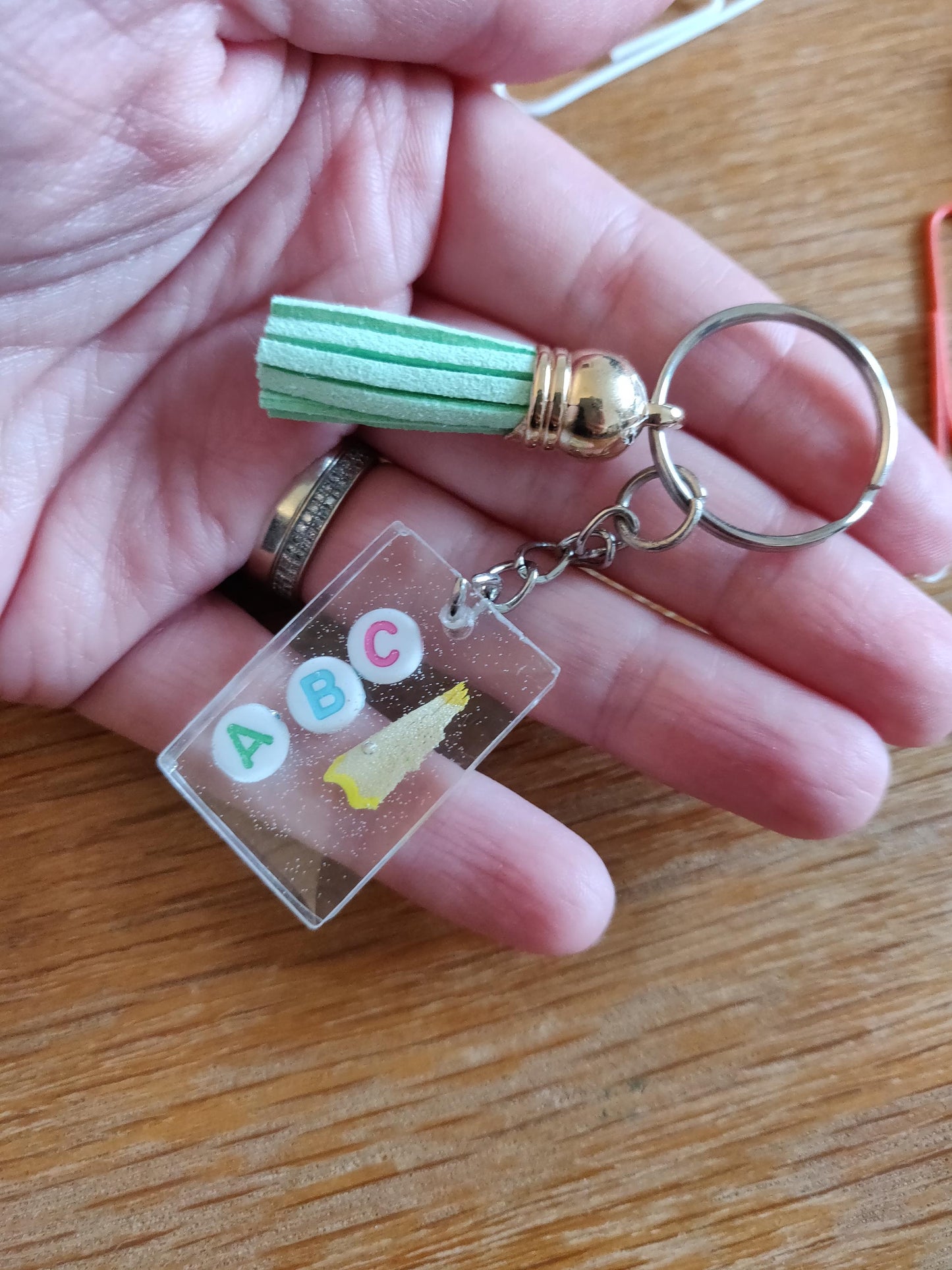 Teacher Keychain Gift, ABC gift for TA, Nursery Worker or Childminder, Resin Keyring with Beads, Teacher Bag Charm, Fun, Unique Gift