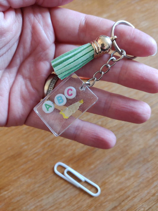 Teacher Keychain Gift, ABC gift for TA, Nursery Worker or Childminder, Resin Keyring with Beads, Teacher Bag Charm, Fun, Unique Gift