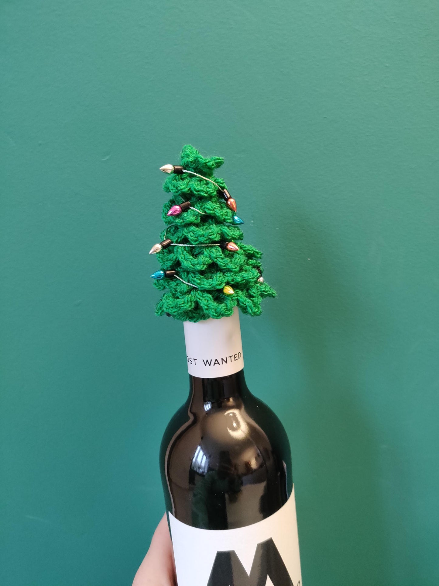Christmas Tree Bottle Topper, Champagne Bottle Cover, Mini Xmas Tree, Crochet Tree with Colourful Mini Light Bulbs, Secret Santa Gift