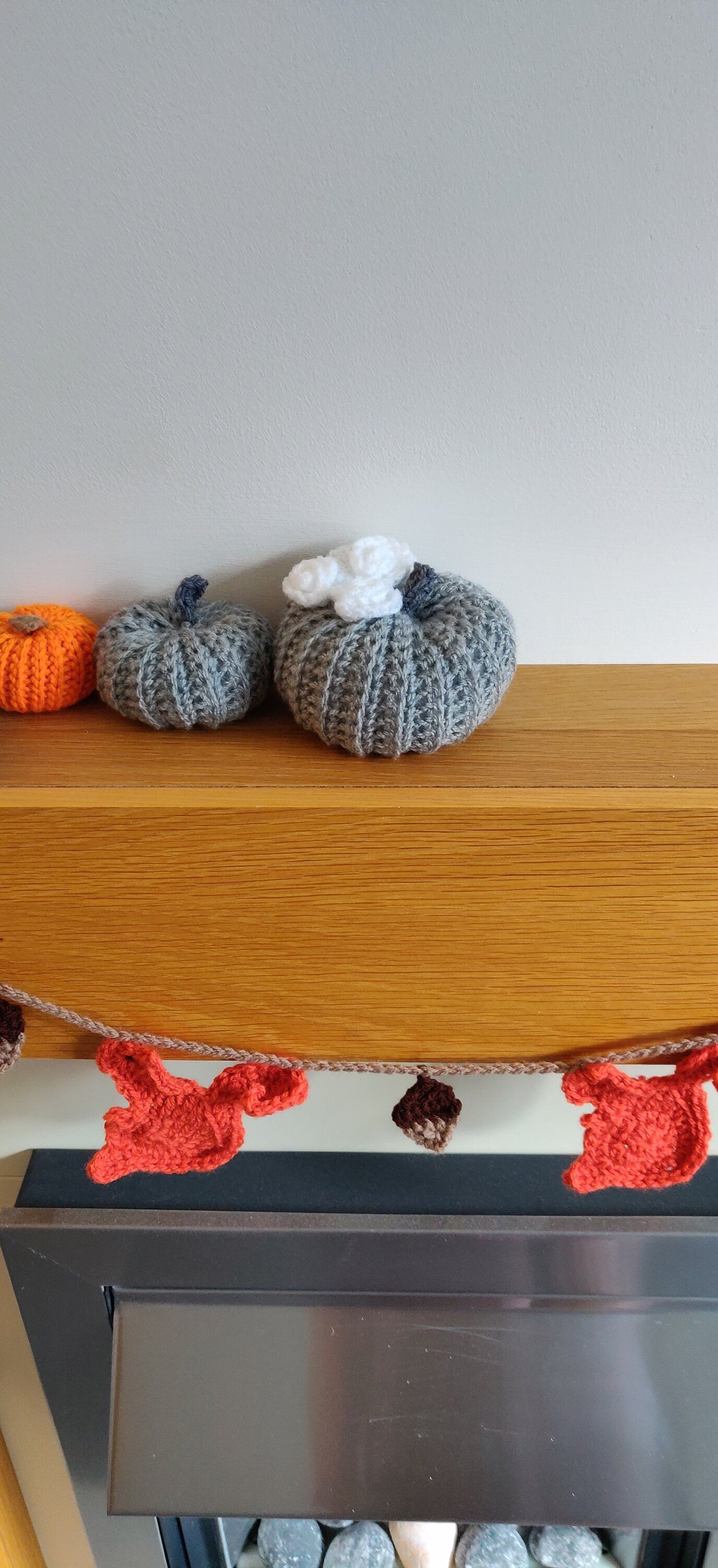 Grey Crochet Pumpkin, White Rose Decor, Autumn Ornament