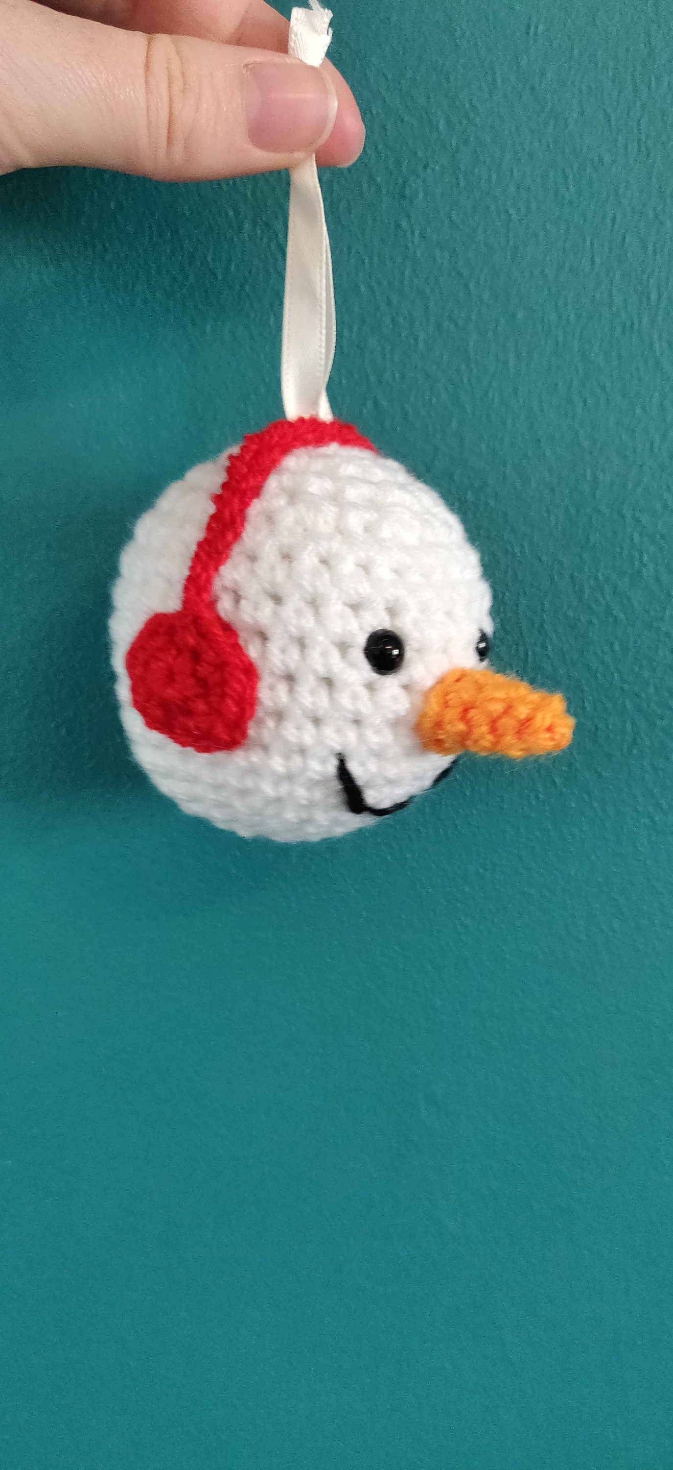 Crochet Snowman Ornament, Christmas Tree Bauble, Orange Carrot Nose