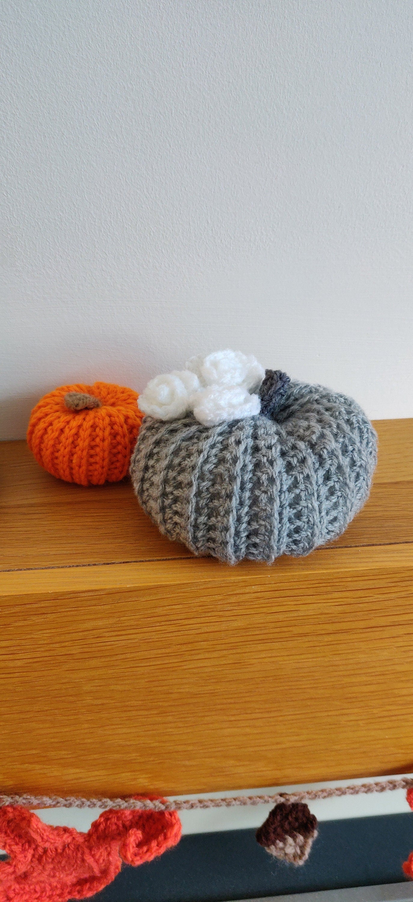 Grey Crochet Pumpkin, White Rose Decor, Autumn Ornament