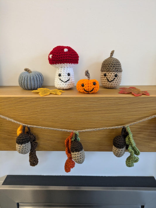 Cute Autumn Decorations, Toadstool Mushroom, Acorn Kawaii, Mini Pumpkin, Hanging Decor, Fall Tiered Tray, Crochet Amigirumi, Table Ornament