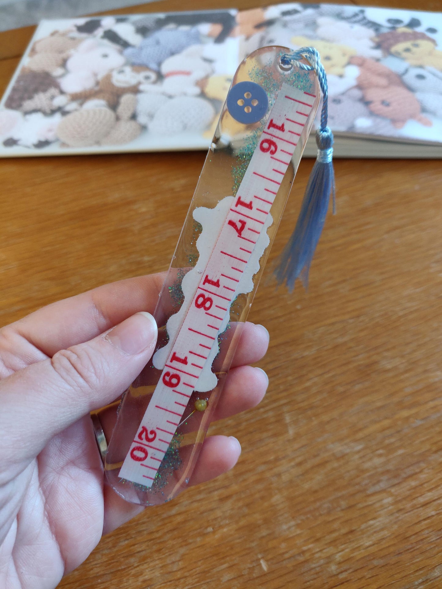 Craft Lover Bookmark, Craft Book Accessories, Resin bookmark with buttons, Ribbon and Tape Measure, Bookmark with Tassel, Crochet Lover Gift