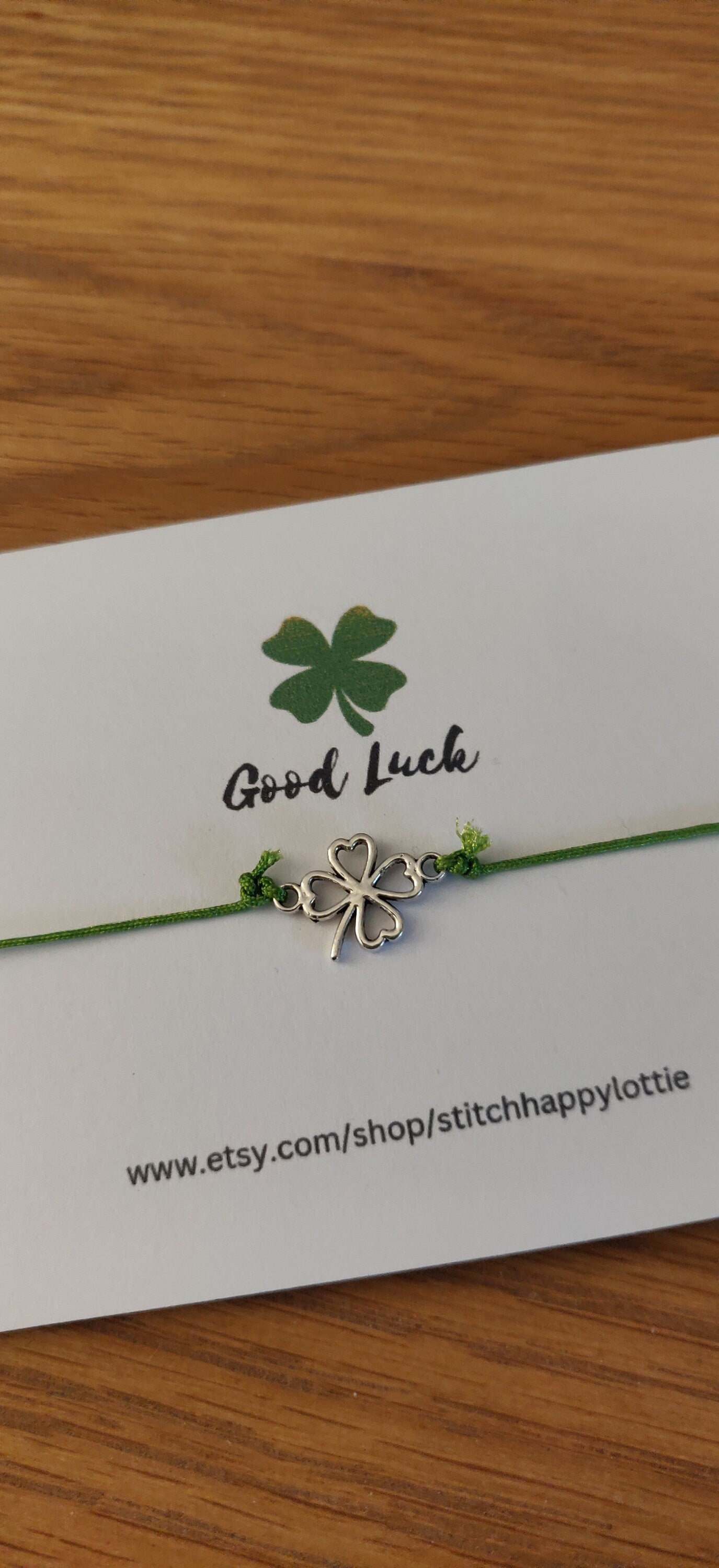 Good Luck Bracelet, Green Four Leaf Clover Charm Jewellery, Good Luck Card, New Job, New School, Exams, Lucky Bracelet, Adjustable Bracelet