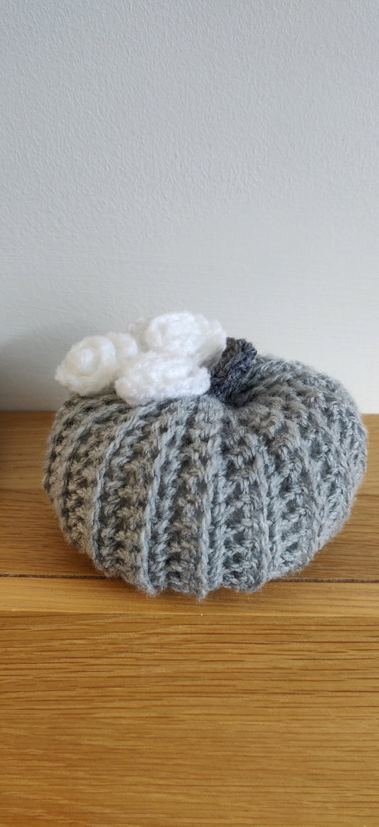Grey Crochet Pumpkin, White Rose Decor, Autumn Ornament