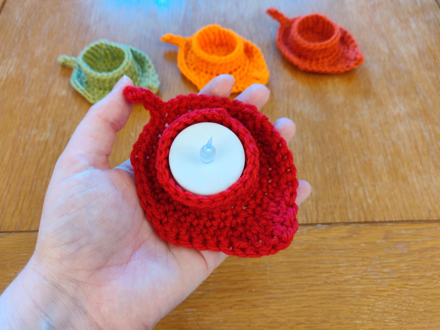 Autumn, Fall Leaf Tea Light Holder, Artificial Flame Candle, Autumn Decor, Table Setting, Diwali Candle, Crochet Leaves, Thanksgiving Table