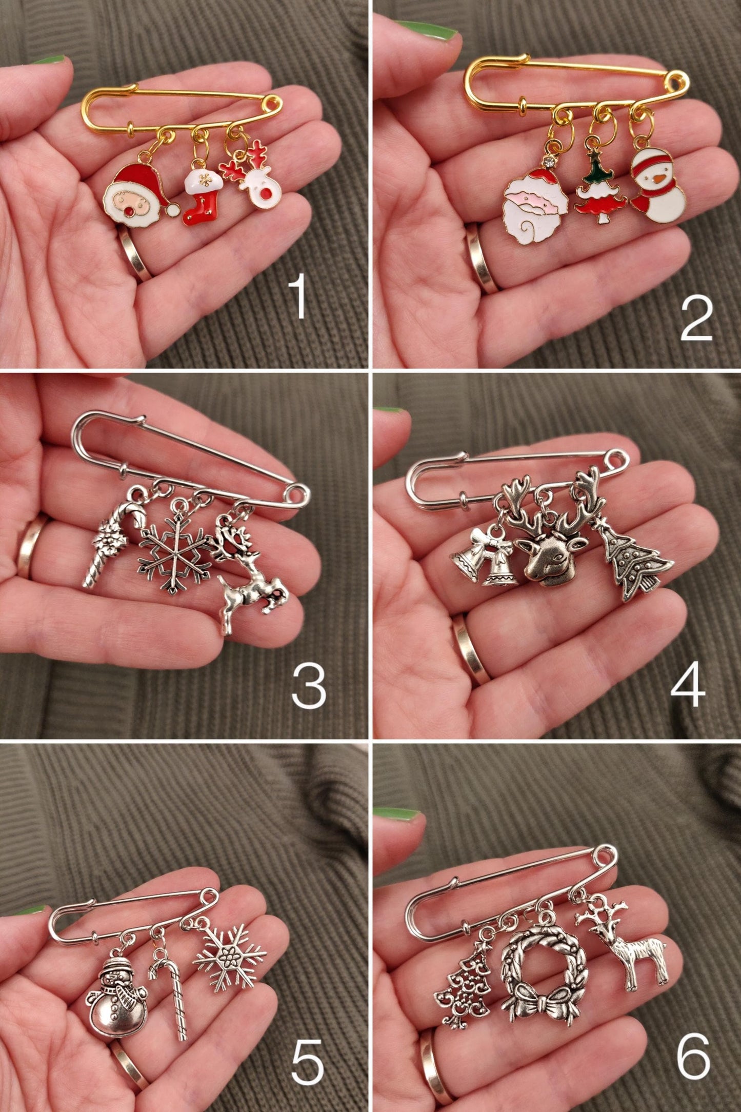 Christmas Brooch, Silver Charm Pin, Gold Santa Badge, Festive Pin, Stocking Filler, Secret Santa, Kilt Pin, Scarf, Snowman Coat Pin