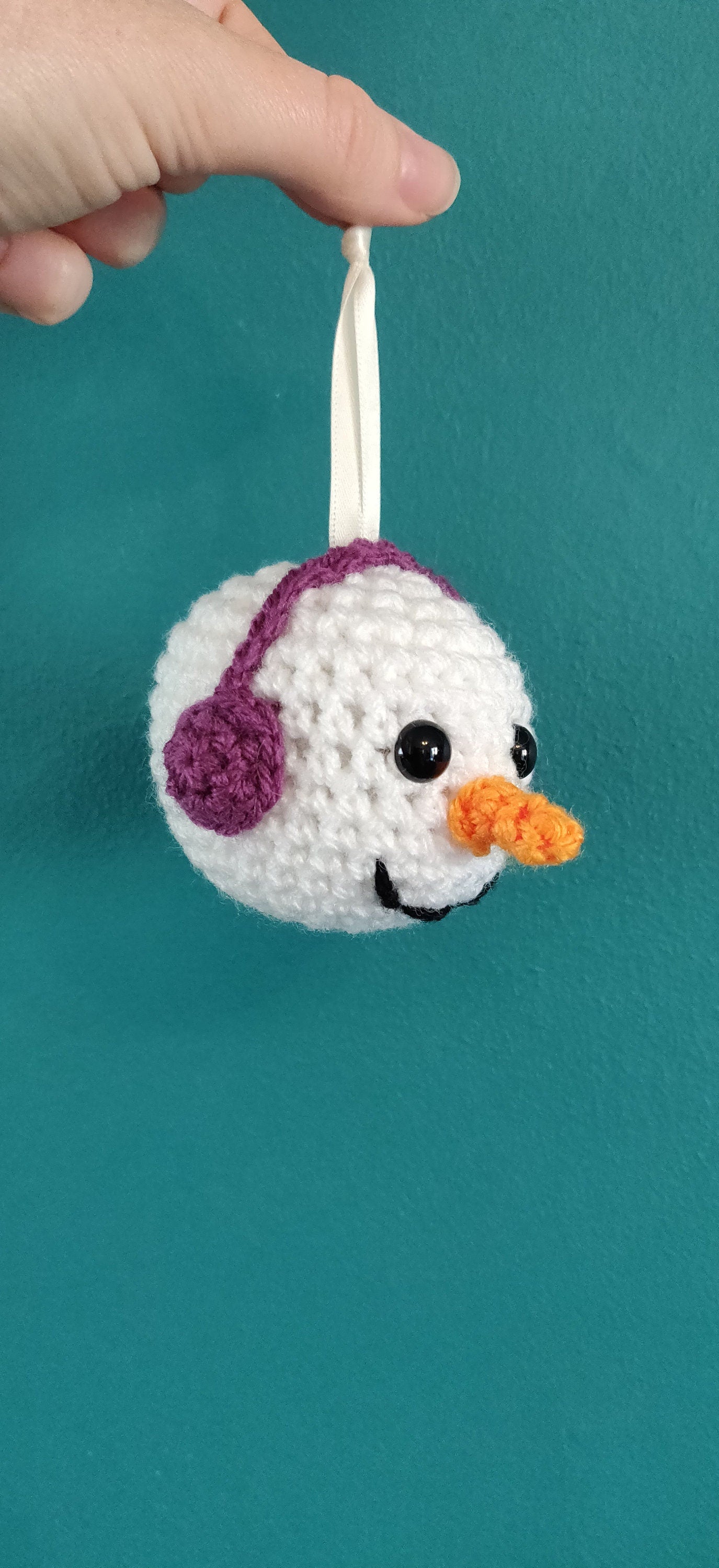 Crochet Snowman Ornament, Christmas Tree Bauble, Orange Carrot Nose