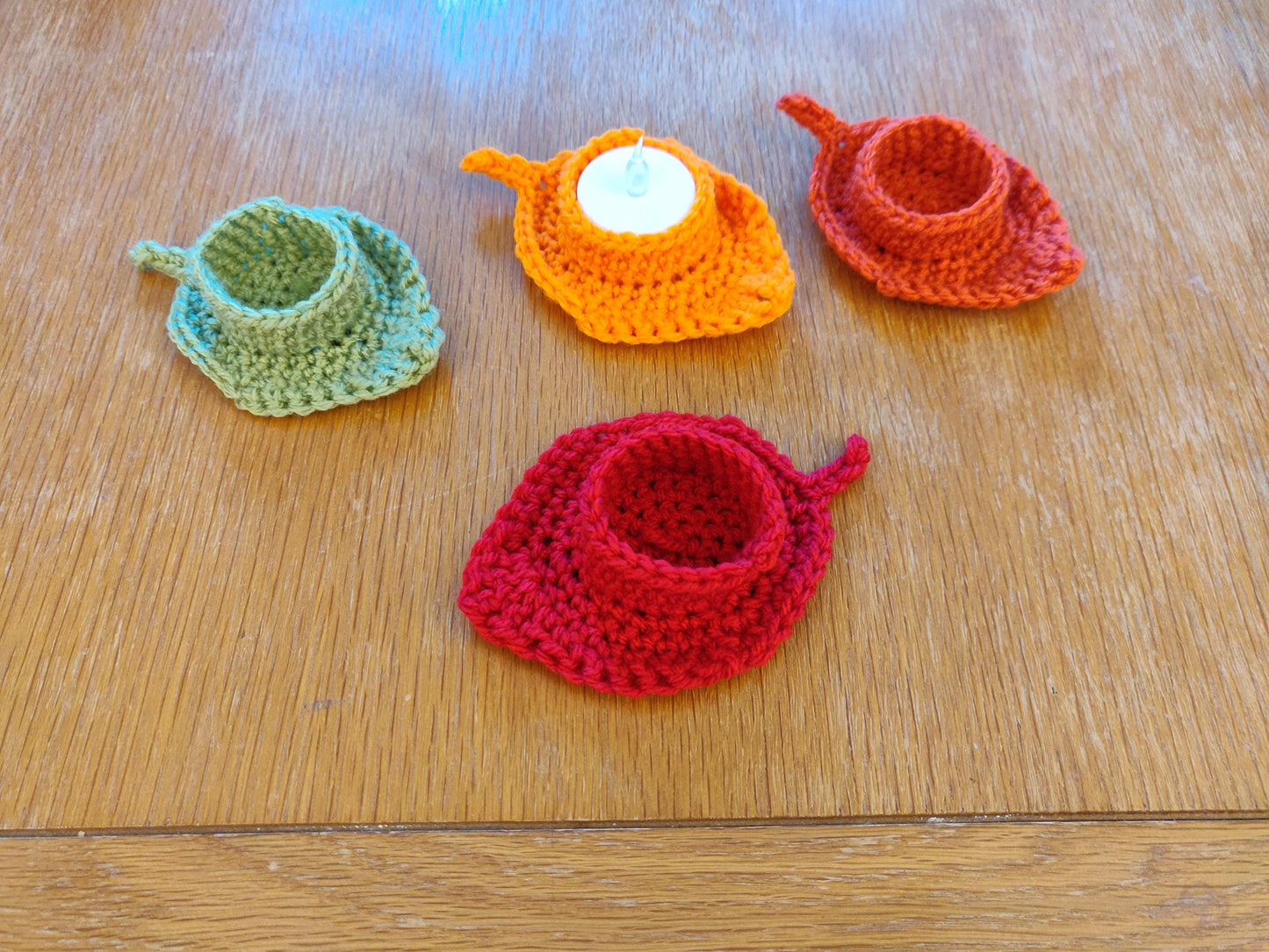 Autumn, Fall Leaf Tea Light Holder, Artificial Flame Candle, Autumn Decor, Table Setting, Diwali Candle, Crochet Leaves, Thanksgiving Table