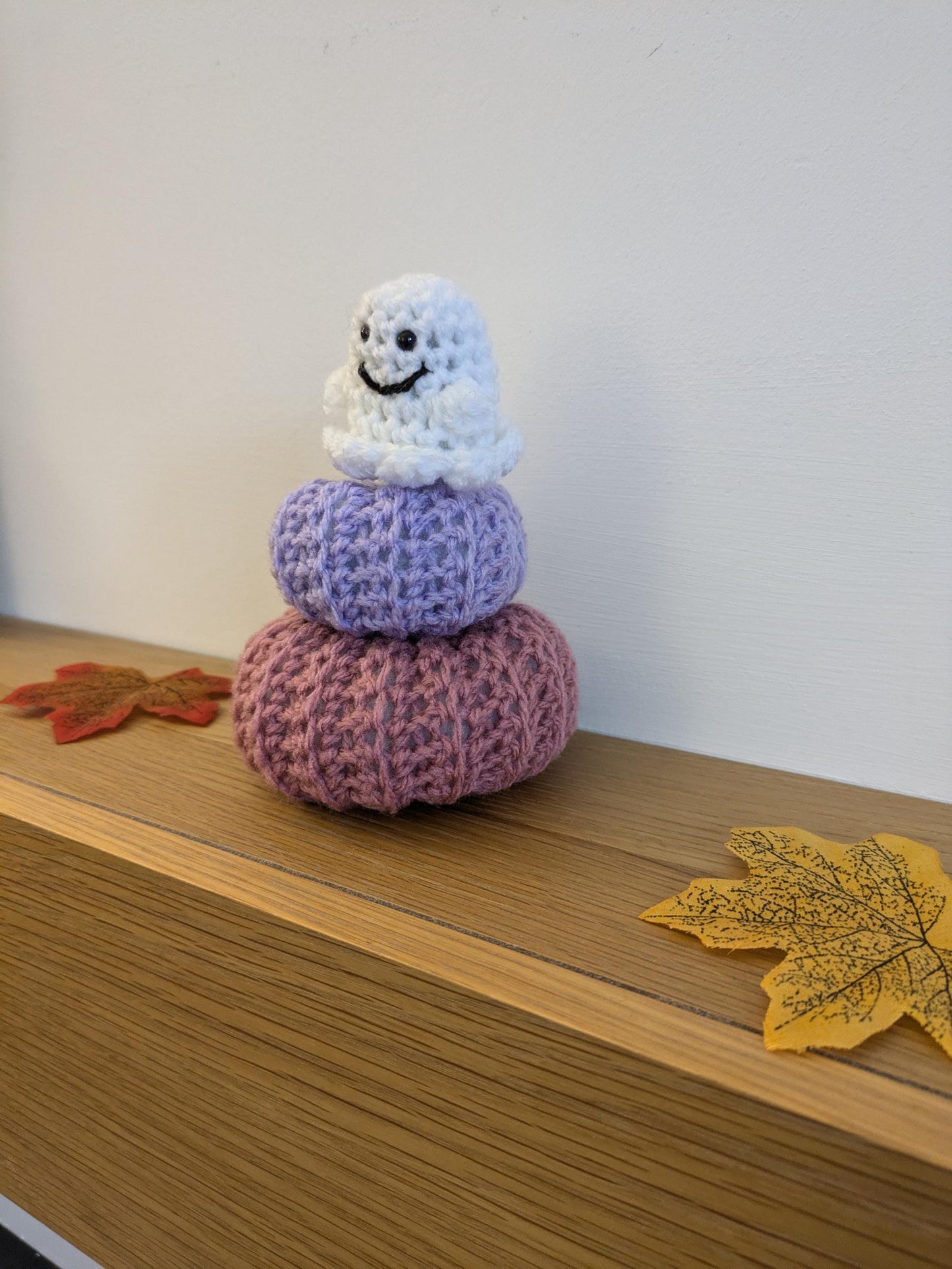 Cute Autumn Decorations, Whimsical Pastel Fall Pumpkins, Purple, Pink Kawaii, Mini Pumpkin, Fall Tiered Tray, Crochet Amigirumi Ghost