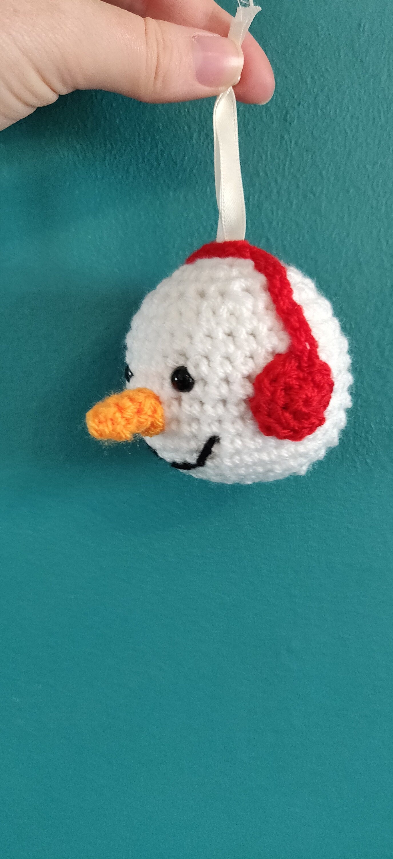 Crochet Snowman Ornament, Christmas Tree Bauble, Orange Carrot Nose