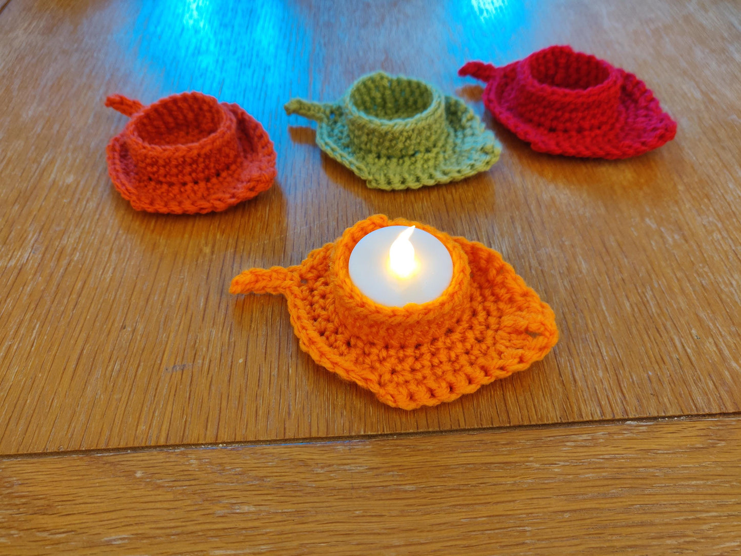 Autumn, Fall Leaf Tea Light Holder, Artificial Flame Candle, Autumn Decor, Table Setting, Diwali Candle, Crochet Leaves, Thanksgiving Table
