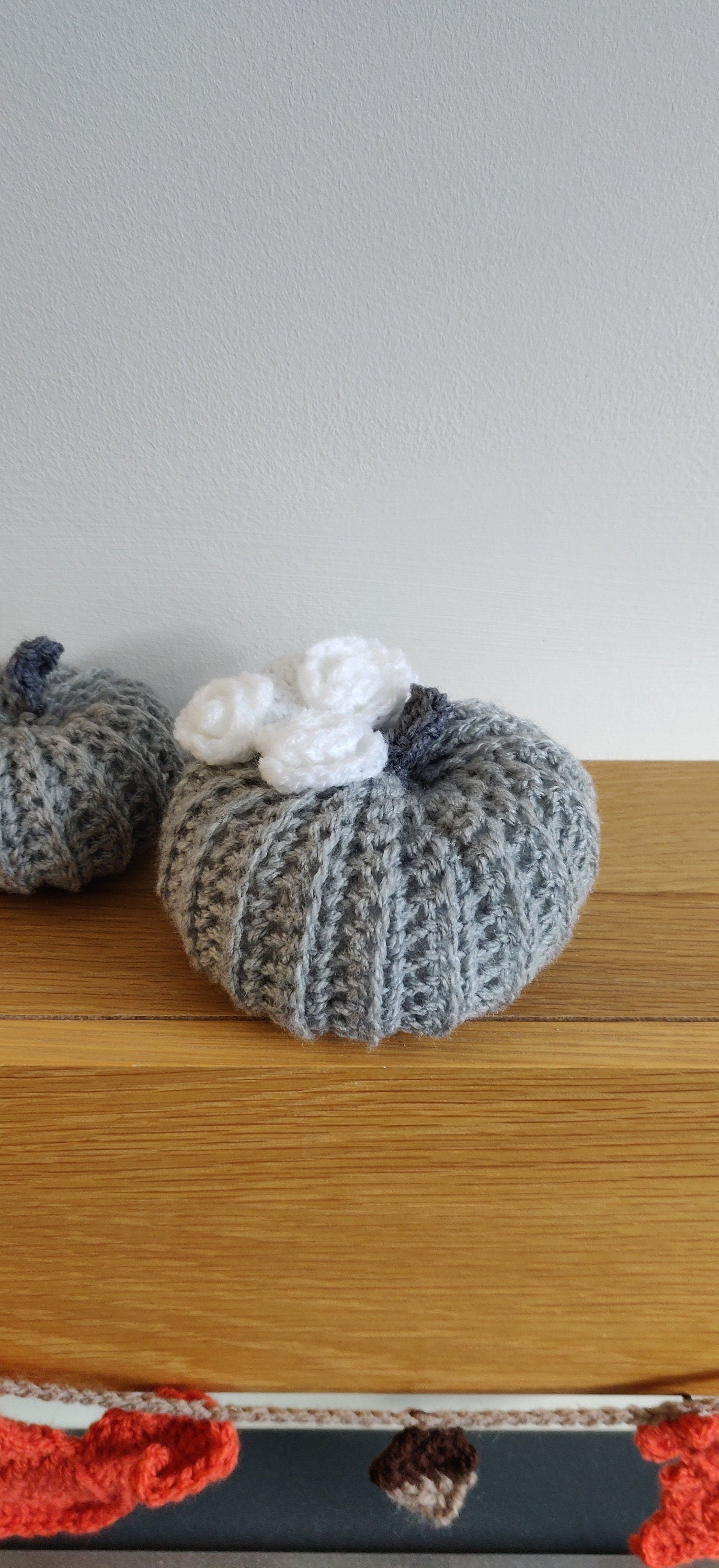 Grey Crochet Pumpkin, White Rose Decor, Autumn Ornament