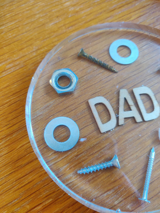 Dad Coaster, DIY Lover Coaster, Office, Custom Man Cave Decor, Resin Paperweight, Unique, Fun Gift for Dad, Fathers Day Gift, Hardware