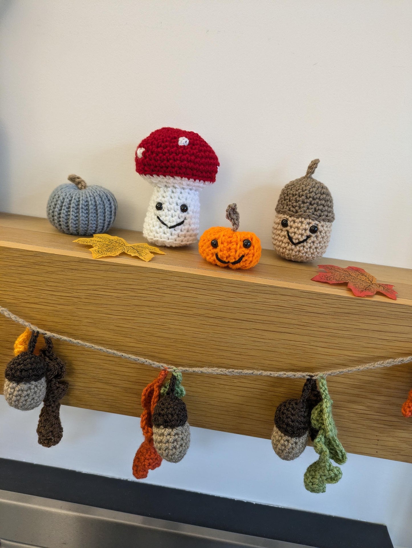 Cute Autumn Decorations, Toadstool Mushroom, Acorn Kawaii, Mini Pumpkin, Hanging Decor, Fall Tiered Tray, Crochet Amigirumi, Table Ornament