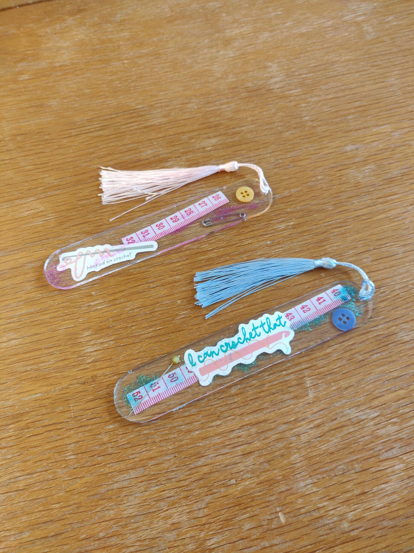 Craft Lover Bookmark, Craft Book Accessories, Resin bookmark with buttons, Ribbon and Tape Measure, Bookmark with Tassel, Crochet Lover Gift