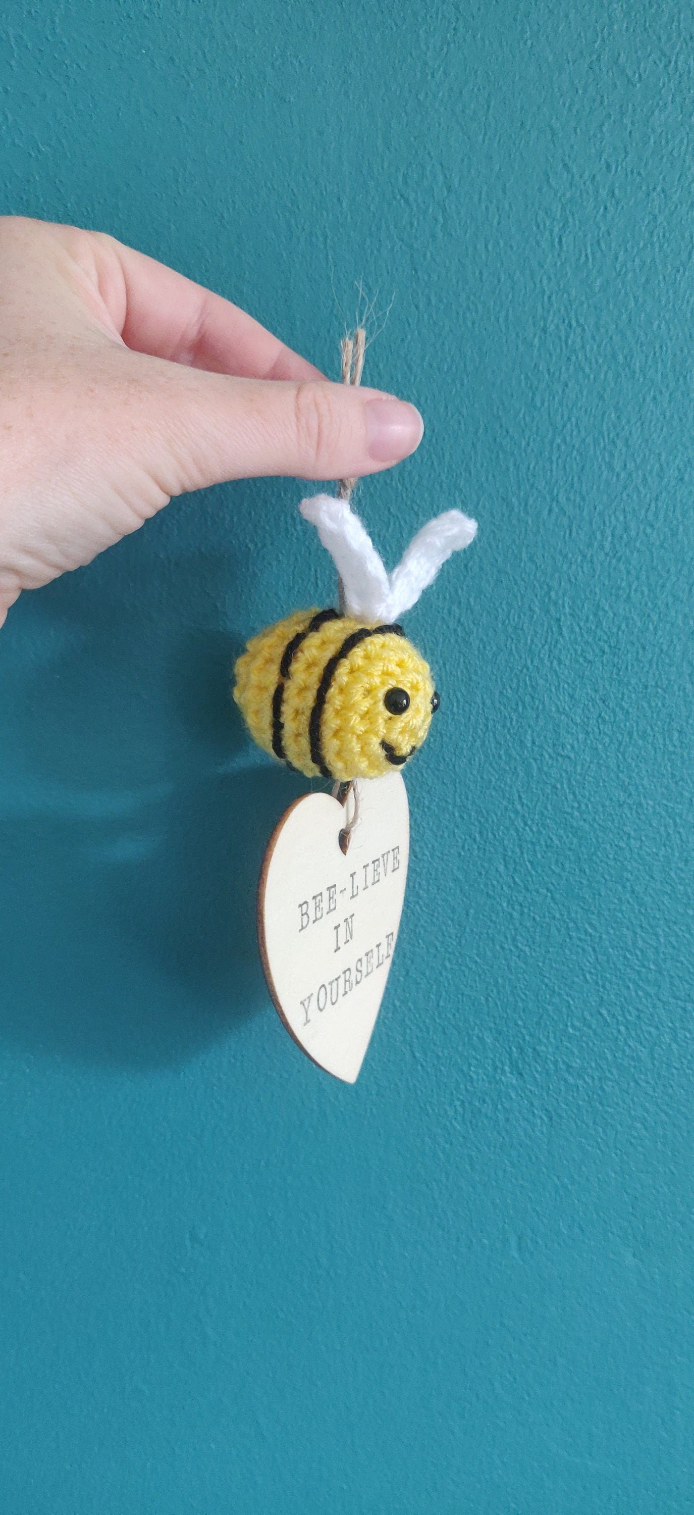 Crochet Bumblebee Believe Wooden Sign, Positive Quote Plaque
