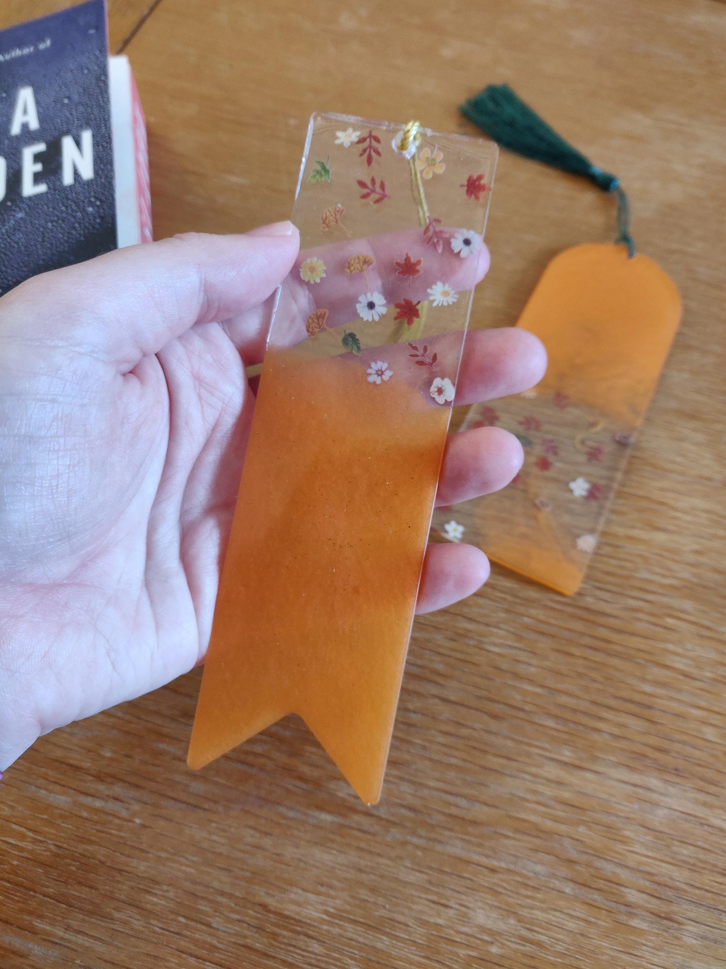 Autumn Leaf Bookmark, Fall Book Accessories, Resin bookmark with Leaves, Orange with Tassel, Book Lover Gift, Birthday, Secret Santa